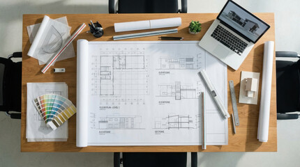 Obraz premium Modern Architectural Desk with Blueprints and Laptop on Wooden Table
