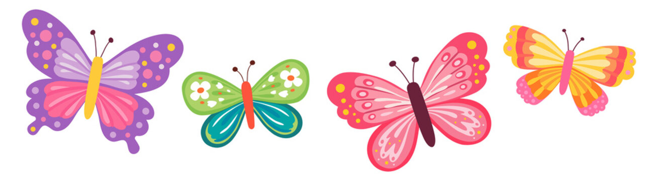 Butterfly illustration set Transparent Colorful butterflies group with four cute insect characters isolated on white background Spring summer nature collection