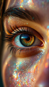 Close up view of a mesmerizing eye with intricate details and sparkling glitter creating a magical and ethereal appearance full of beauty