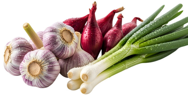 Fresh garlic bulbs red shallots and green onions vegetables