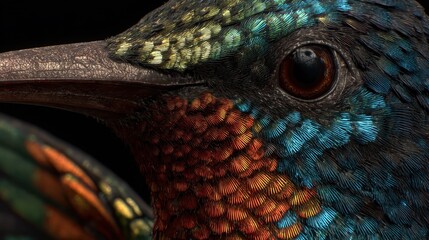 Obraz premium Detailed Hummingbird Close-Up: Vibrant Plumage and Intricate Feather Detail