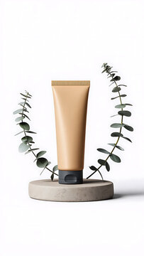 Cosmetic Cream Tube Mockup on Stone Pedestal with Eucalyptus Leaves for Natural Beauty Product Presentation
