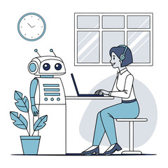 Fototapeta premium businessman working on laptop. A vector illustration of a woman in office casual attire working with an AI.