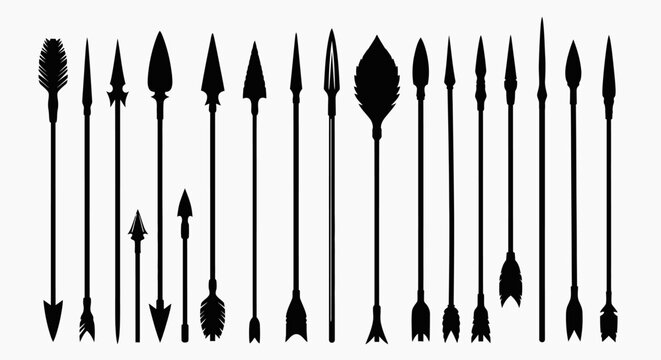 Collection of various arrowheads and arrows in a dark silhouette