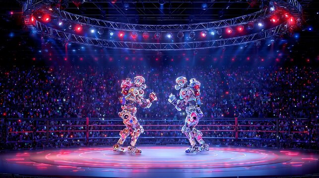 Two humanoid robots fighting in a boxing ring under bright stage lights with a large crowd