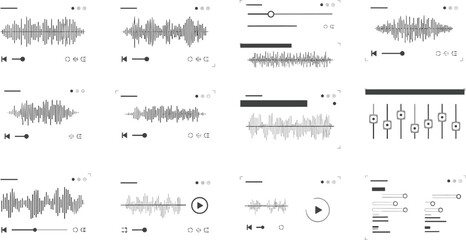 Audio player interface elements set waveform equalizer sliders playback controls music UI line vector illustration collection © MdAbdul