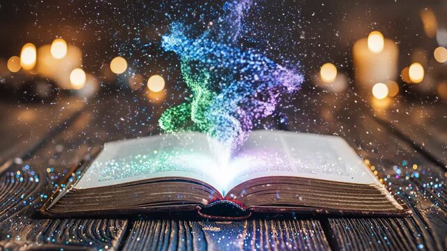 Open book with glowing magical sparkles