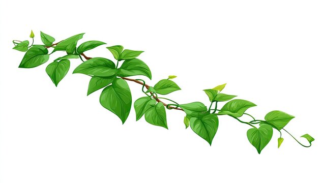 Green vine illustration with leaves isolated on white background copy space