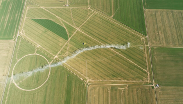 Aerial View of Farm Fields with Smoke Trail From Air Show Aircraft