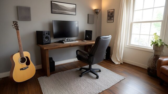 A well equipped home music studio featuring a computer desk monitor speakers and an acoustic guitar bathed in natural light from a nearby window
