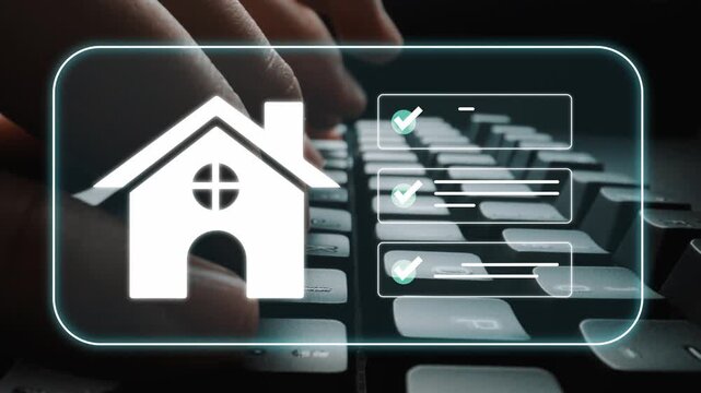 Digital Home Buying Concept with Laptop Keyboard and Graphic Symbols of House and Checkmarks for Online Real Estate Transactions and Services Gluon.