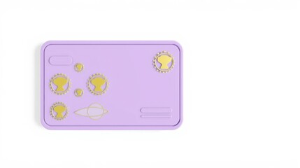 Fototapeta premium Purple tray contains yellow space themed shapes. Planets, stars, rocket visible. Minimalist design, clean background. Educational toy perhaps.