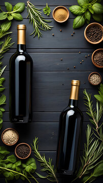 Dark moody food photography with two wine bottles and an array of herbs and spices on a wooden background
