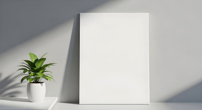 A large blank white poster board standing on a table next to a potted plant with green leaves on a white surface