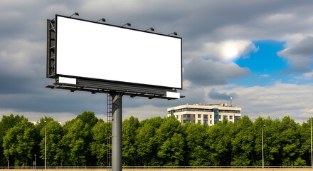 Fototapeta premium Large blank billboard on a pole in front of trees and a building under a cloudy sky with blue