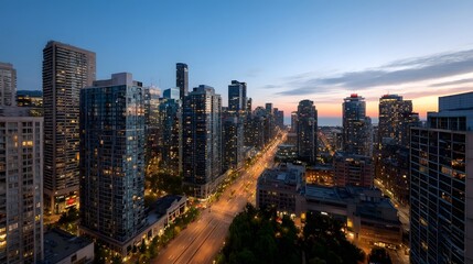 Obraz premium A modern city skyline at dusk with illuminated skyscrapers and bustling streets set against a vibrant twilight sky