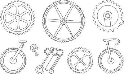 Set of various gear wheel mechanisms bicycle parts outline icons, steampunk elements isolated on transparent background. Vector illustration © MstSima