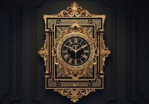 Luxurious gold clock with roman numerals on black wall background