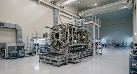 Satellite manufacturing concept in modern industrial facility with large metal structure © Ahmed