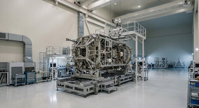 Satellite manufacturing concept in modern industrial facility with large metal structure