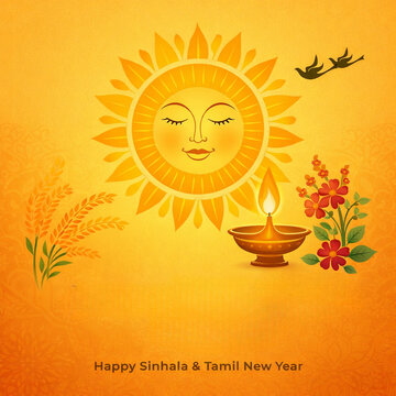 Happy Sinhala and Tamil New Year Greeting Background with Traditional Sri Lankan Elements