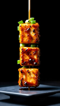 Delicious Teriyaki Tofu Skewers with Green Onions in a Vertical Arrangement on Dark Background