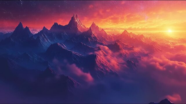 Dramatic mountain range landscape under vibrant sunset sky background