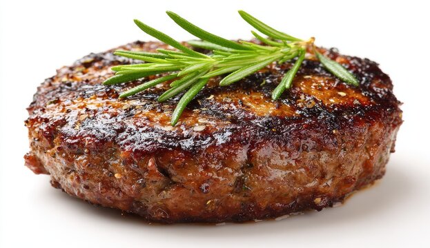 Grilled hamburger patty with rosemary sprig isolated on white background