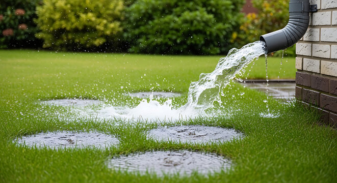 Water powerfully flowing from a gray gutter downspout onto a green lawn on transparent background