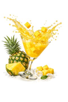 Tilted cocktail glass with pineapple juice splash and flying chunks on white background. Perfect for tropical drink ads and high-impact product branding.