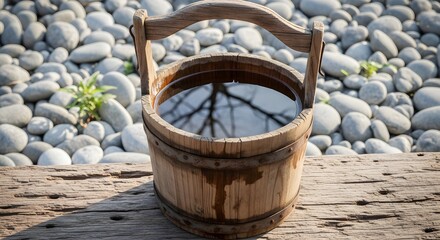 Fototapeta premium A vintage wooden bucket filled with clear water, reflecting the surrounding trees and sky, sits on a weathered wooden plank with a pebble background