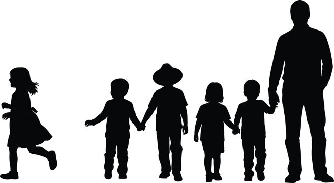 Silhouette of father with group of children holding hands and girl running for family love parenting childhood and togetherness concept.