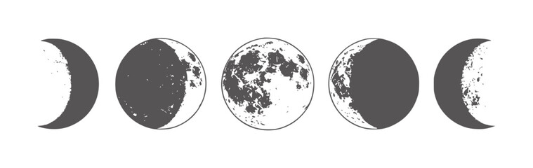 Five moon phases depicted as dark gray silhouettes white celestial night © Salam