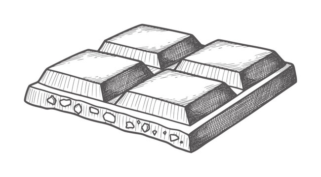Hand drawn chocolate bar with four squares and visible inclusions food sweet dessert