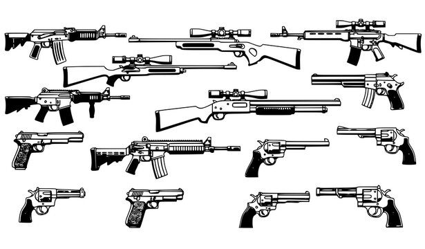 Cartoon line art firearms vector set with assault rifles, sniper rifles, and shotguns isolated on white background