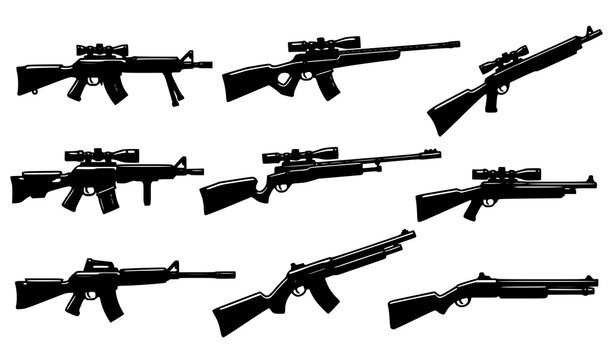 Stylized cartoon firearms vector illustration set with rifles and shotguns flat line art on white background