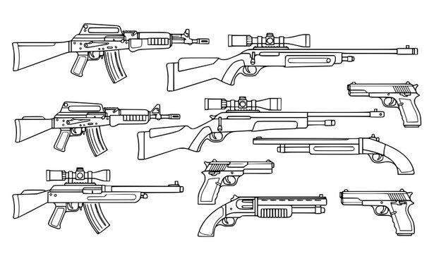 Detailed cartoon firearms vector collection with assault rifles, sniper rifles, and shotguns on white background