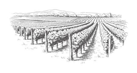 Fototapeta premium Of a vineyard with rows of grapevines and distant hills agriculture rural