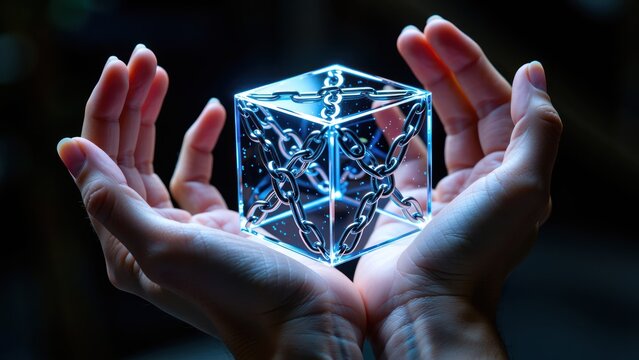 two hands holding a glowing cyan ethereum logo in the dark