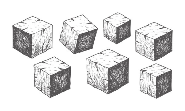 Seven hand drawn isometric wooden blocks with rough texture and cracks cube