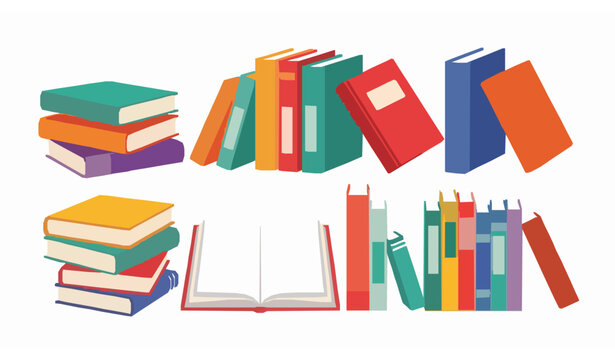 Stylized vector illustration of different book arrangements with stacks, open, and leaning books isolated on white