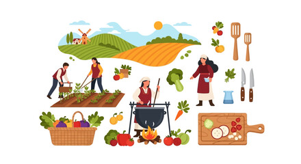 Fototapeta premium Farm to Table Process Illustration: Rural Life, Agriculture, Harvesting, and Cooking Fresh Organic Produce