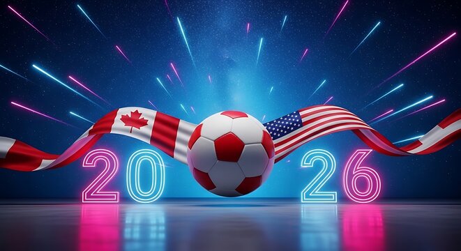 High Quality, Professional American and Canadian flags wrapped around soccer ball with neon numbers twenty twenty six Stock Photo, AI Generated