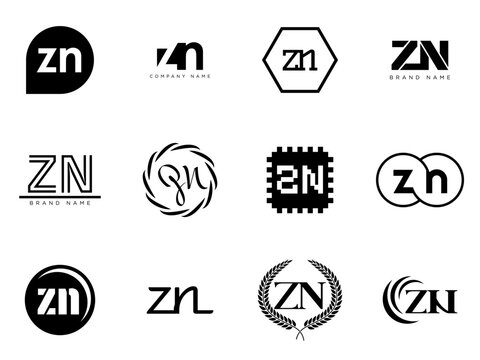 ZN logo company template. Letter z and n logotype. Set different classic serif lettering and modern bold text with design elements. Initial font typography.