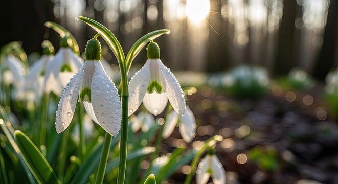 Close up of delicate snowdrop flowers with sunlight and blurred background