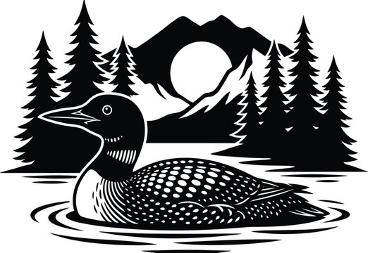 Loon swimming in lake water with mountain range and pine forest background silhouette for outdoors adventure branding