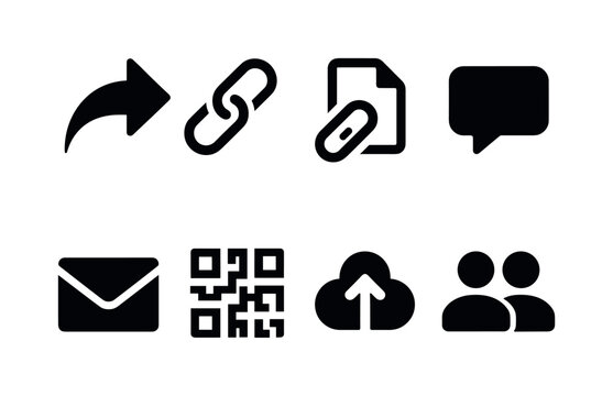 Social sharing options: share arrow, link chain, copy link, send message, email envelope, qr code, cloud upload, user group
