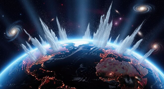 Dramatic illustration of earth with exploding ice and space elements