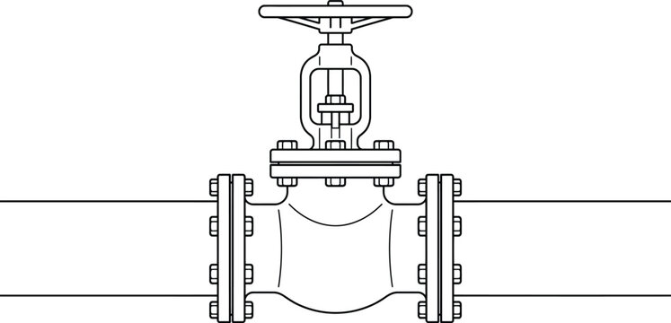 Industrial water pipe valve line art drawing on transparent background plumbing system technical blueprint illustration
