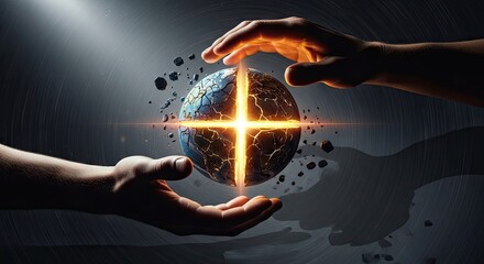 Fototapeta premium Hands surrounding a glowing planet with cracks and a cross shaped light